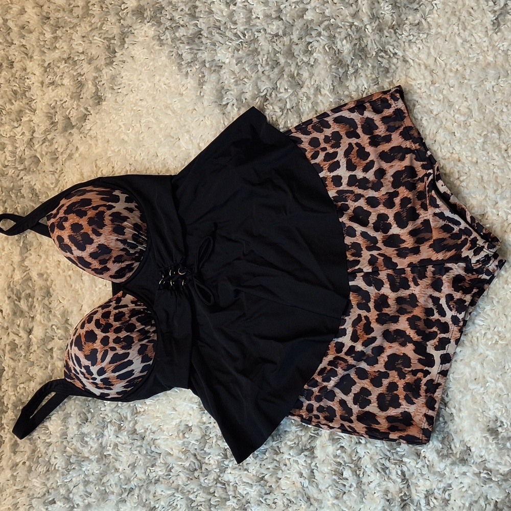Leopard Print Black Women's Swim Set